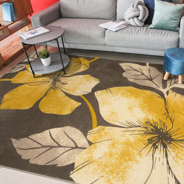 Yellow/Brown 5 ft. x 7 ft. Non-Skid Floral Area Rug