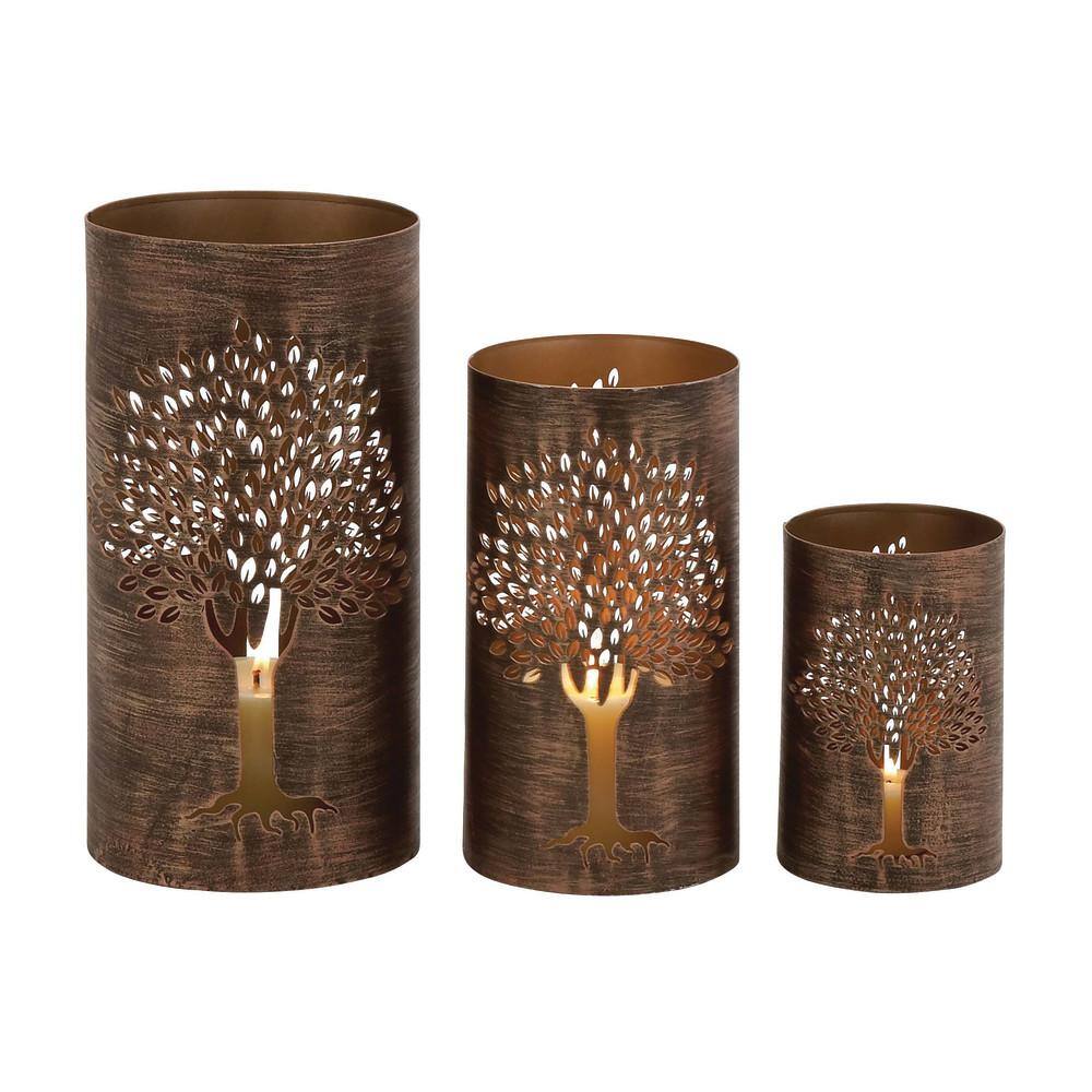 Copper Tree Decorative Leaves Cylinder Lantern Set of 3