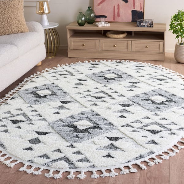 Moroccan Tassel Shag 6 ft. x 8 ft. Oval Ivory/Gray High-Low Geometric Fringe Area Rug