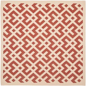 Courtyard Red/Bone 4 ft. x 4 ft. Square Geometric Indoor/Outdoor Patio  Area Rug