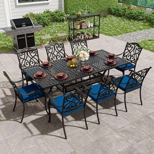 9-Piece Black Cast Aluminum Outdoor Dining Set with Rectangle Expandable Table 8 Dining Chair with Beige Cushion(Seat 8)