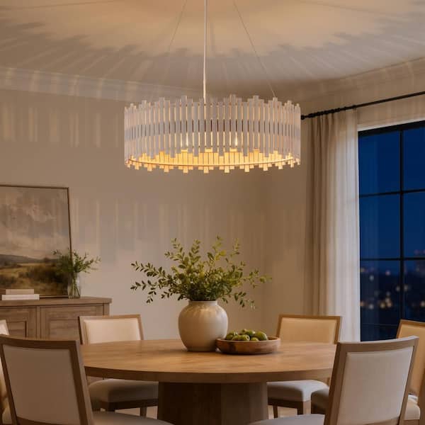 30.5 in. 6-Light Antique White Bamboo Drum Pendant Light with Adjustable Hanging Height