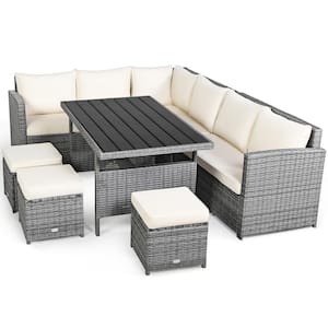 7-Piece Wicker Corner Outdoor Patio Sectional Sofa Set Conversation Set with White Cushions