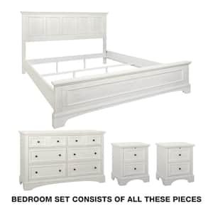 Farmhouse Basics 4-Piece Rustic White Wood King Bedroom Set (King Bed, 2 Nightstands and 1 Dresser)