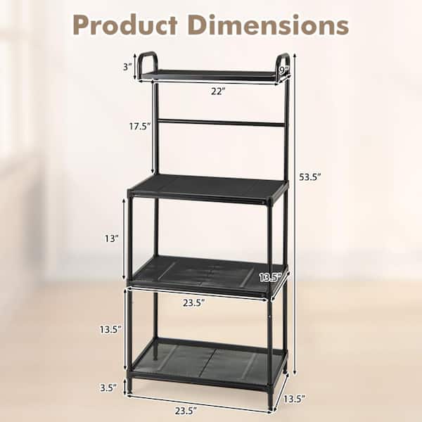 4-Tier Black Kitchen Microwave Storage Rack with Metal Shelves