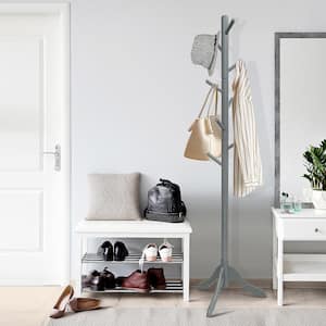 Gray Wooden Coat Rack Stand Entryway Hall Tree 2-Adjustable Height with 8-Hooks