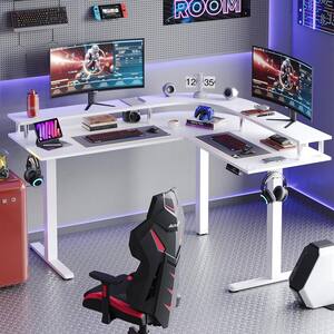 63 in. L-Shaped White Carbon Fiber Wood Sit to Stand Desk with 3-Height Memory Presets and USB Port and Monitor Stand