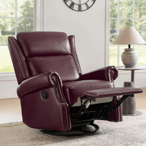 JAYDEN CREATION Lavinia Burgundy Genuine Leather Manual Swivel Glider Recliner with Nailheads