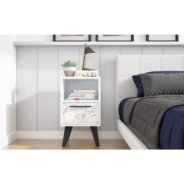 Manhattan Comfort Amsterdam Mid-Century Modern White Marble 1-Drawer 13 in. W Nightstand