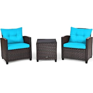 3-Piece Steel PE Wicker Outdoor Sofa Set Patio Conversation Set with Turquoise Cushions