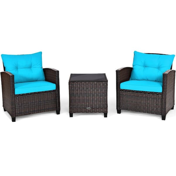  3-Piece Wicker Patio Conversation Set with Turquoise Cushions