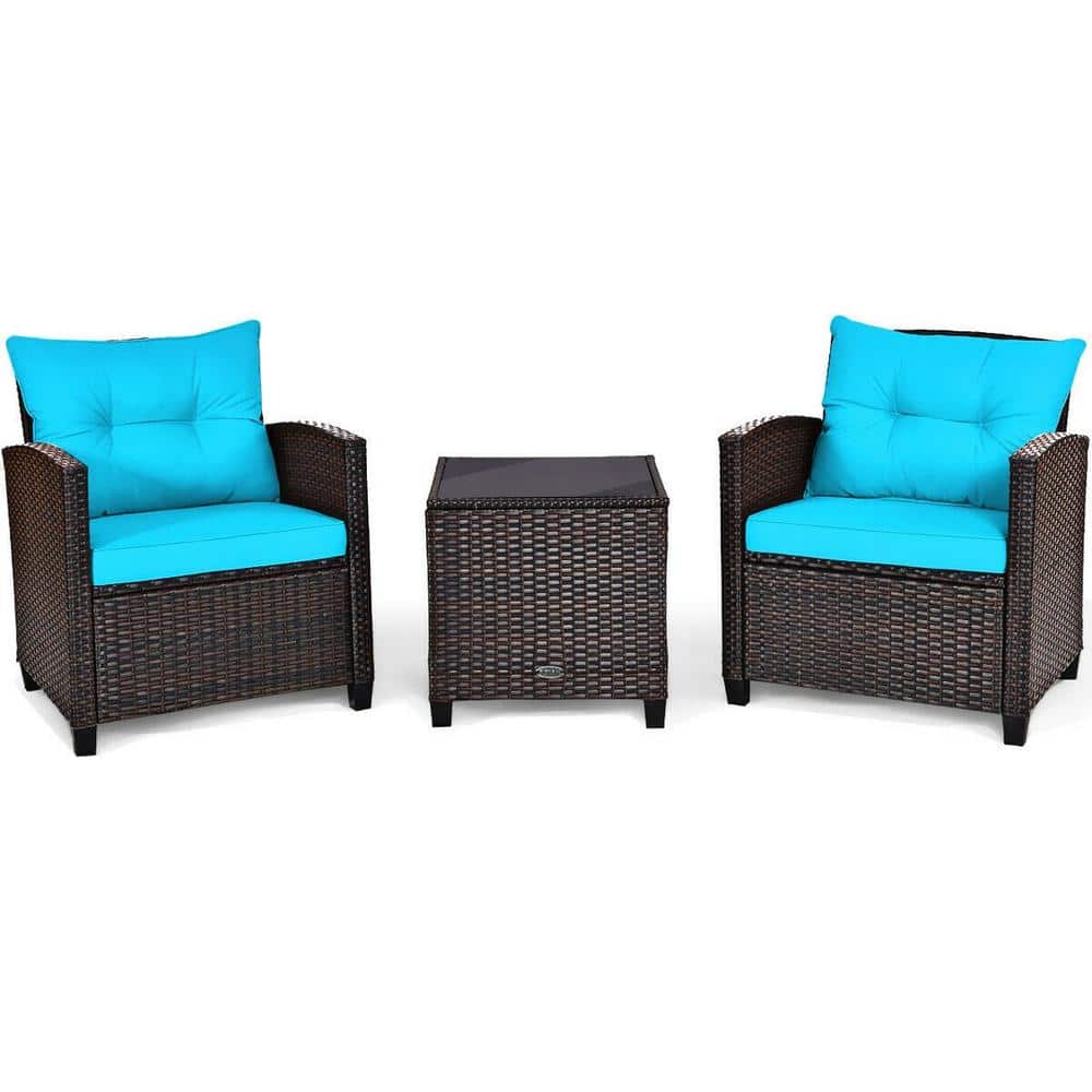 3-Piece Wicker Patio Conversation Set with Turquoise Cushions