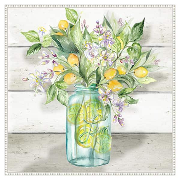Amanti Art Watercolor Lemons in Mason Jar Shiplap by Tre Sorelle Studios 30 in. W x 30 in. H. Canvas Wall Art Print Framed in White