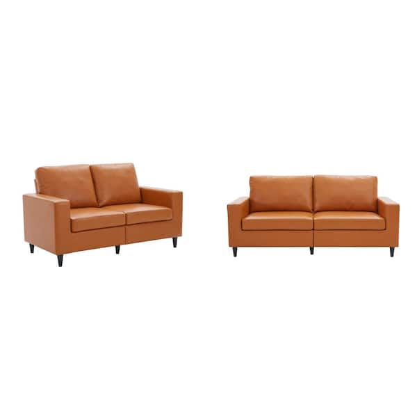 URTR 75.2 in. 2 Piece Square Arm Sofa Set Faux Leather Upholstered Straight Love seat and 3 Seat Sofa for Living Room, Brown