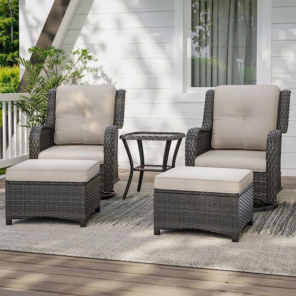 5-Piece Patio Brown Wicker Frame Outdoor Conversation Sets with Beige Cushions 2 Rocking Chairs, 2 Ottomans and 1 Table