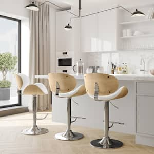 Marana 33 in. Mid Century Modern Bentwood Adjustable Swivel Bar Stool in White Polyester linen