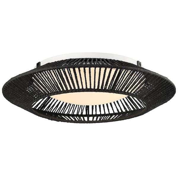 JAZAVA 15.5 In. 16-Watt Integrated LED Black Boho Flush Mount Ceiling Light Hand-Woven Dimmable Lighting