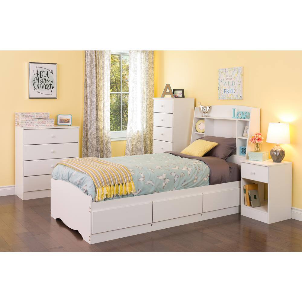 White Twin Wood Bookcase Headboard with Storage
