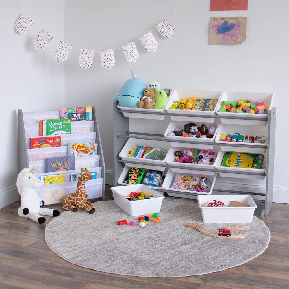 Gray and White Kids 6-Tier Fabric Book Rack