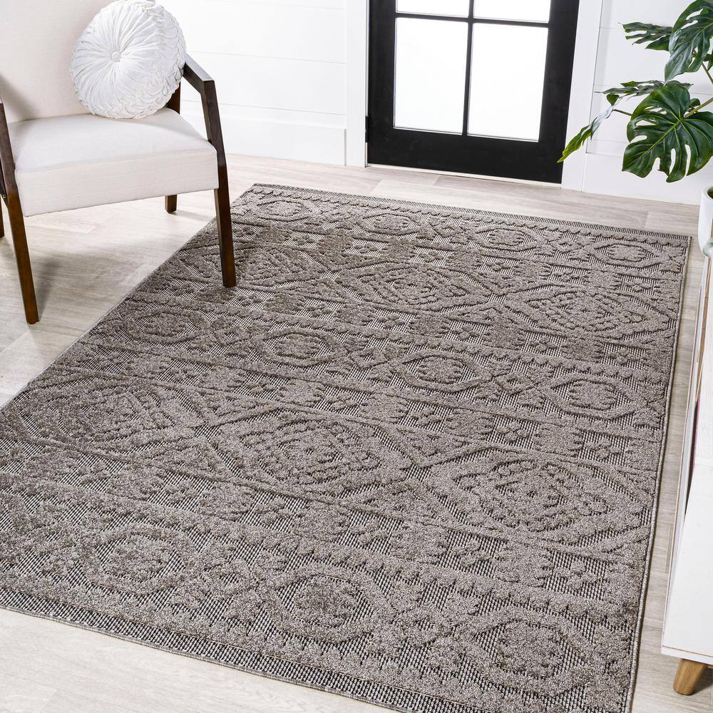 Dark Gray and Ivory Geometric Synthetic Indoor/Outdoor Area Rug