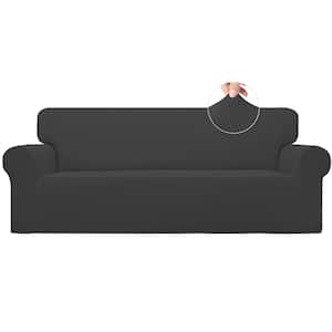 Dark Gray Polyester Stretch Sofa Slipcover with Elastic Bottom for Kids, Polyester Spandex Jacquard Fabric Small Checks