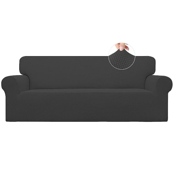 Angel Sar Dark Gray Polyester Stretch Sofa Slipcover with Elastic Bottom for Kids, Polyester Spandex Jacquard Fabric Small Checks