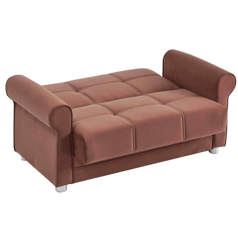 Chenille Brown Microfiber Loveseat with Round Arm and Storage