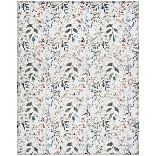 Nourison Washables Ivory Multicolor 9 ft. x 12 ft. Botanical Traditional Area Rug