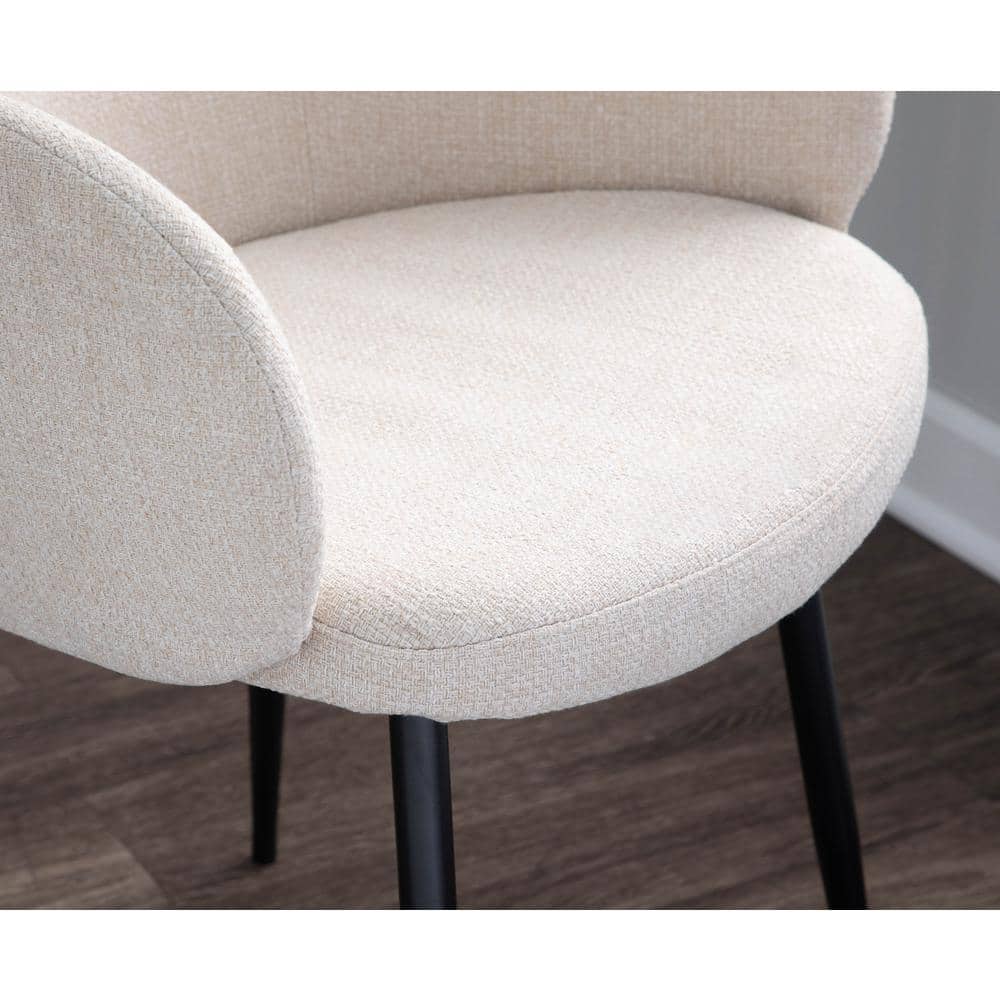 Cream Upholstered Armchair with Black Metal Legs, Set of 2