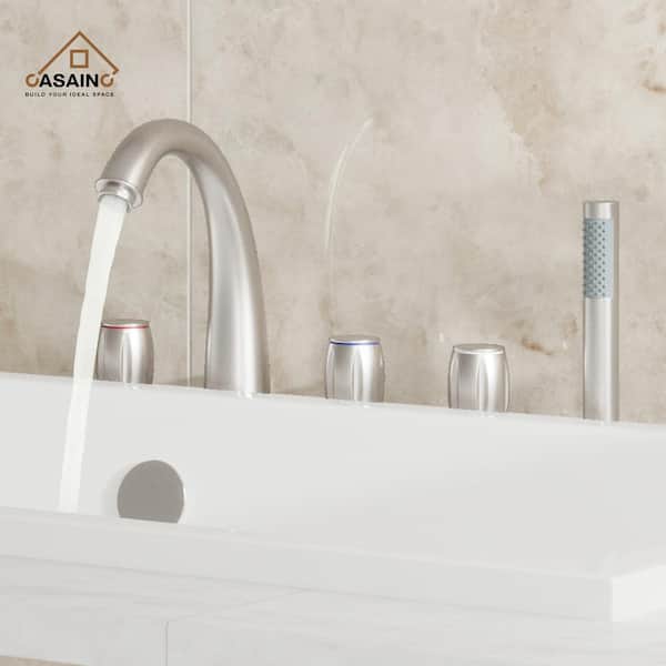3-Handle Deck Mount Roman Tub Faucet with Hand Shower in Brushed Nickel