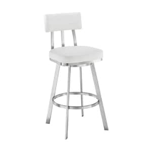 26 in. Silver and White Low Back Metal Frame Counter stool with Faux Leather Seat