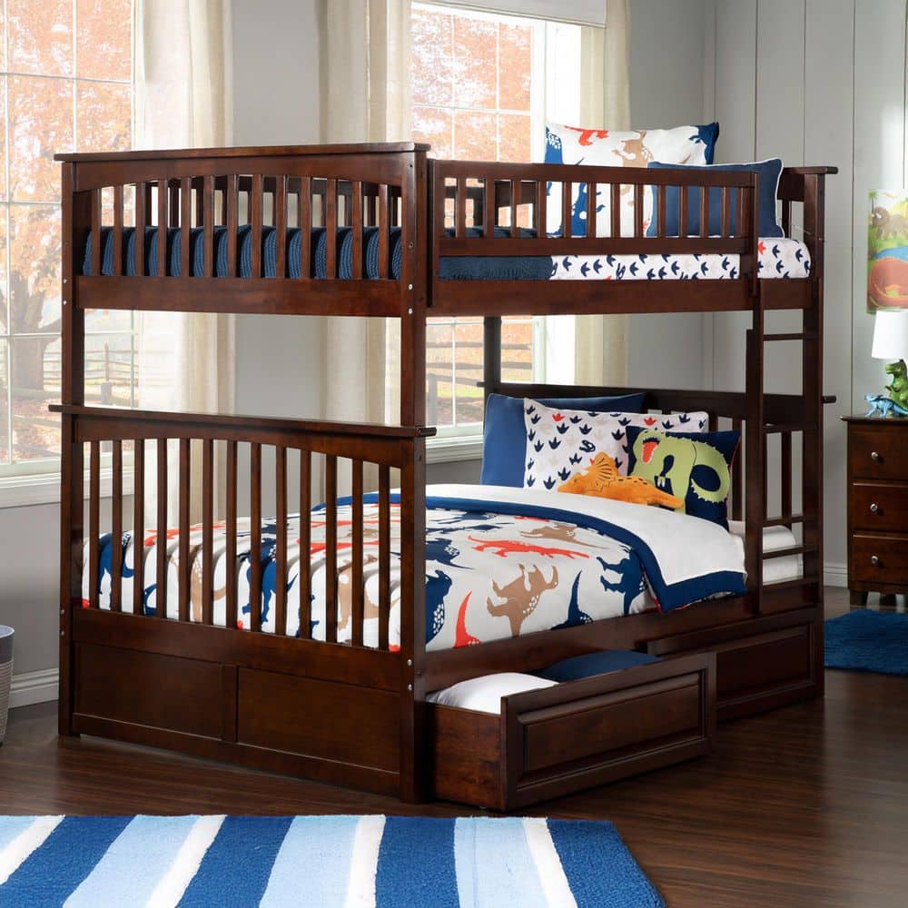 Columbia Bunk Bed Full over Full with 2 Raised Panel Bed Drawers in Walnut