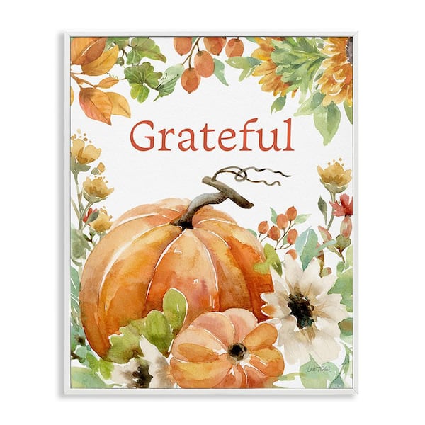 Stupell Industries Grateful Pumpkins & Flowers by Leslie Trimbach 1 Piece Framed Graphic Print Typography Poster Art Print 20 in. x 16 in.