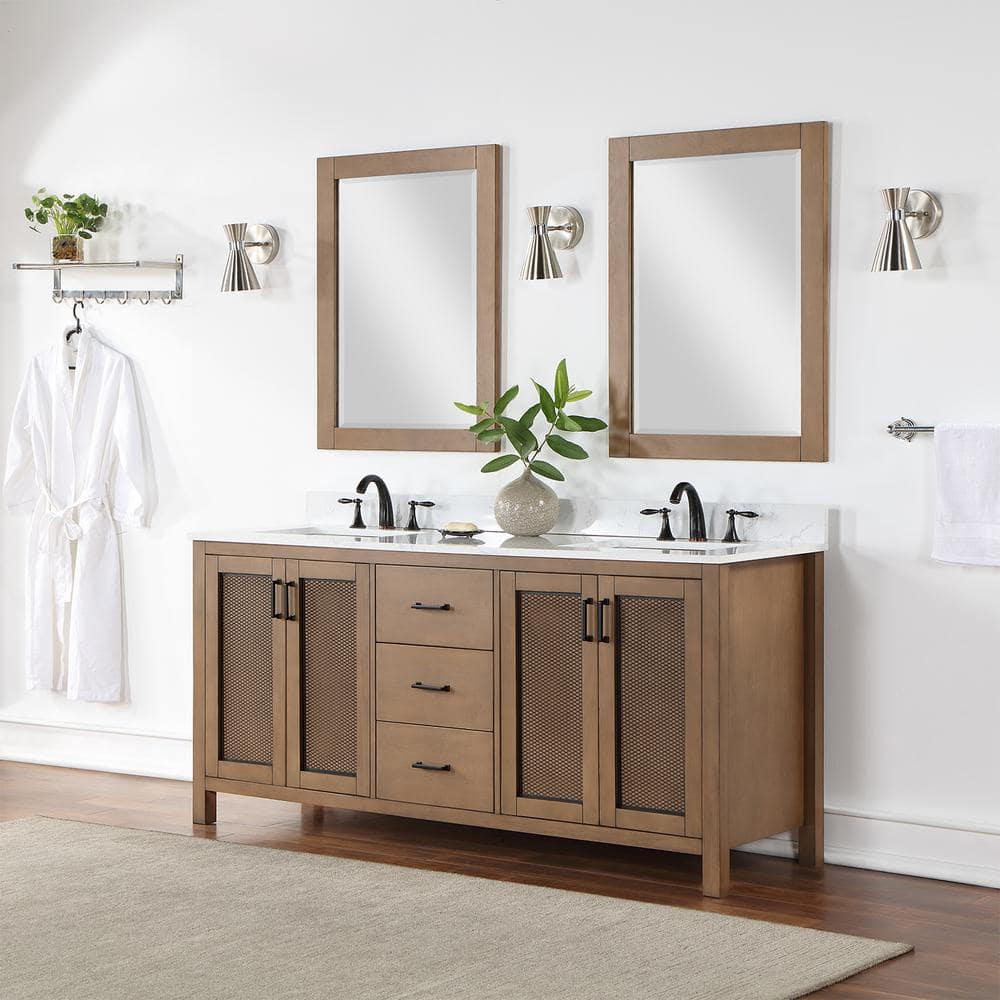 Hadiya 72" Brown Pine Double Vanity with White Stone Countertop