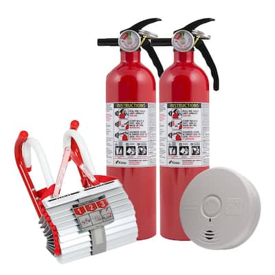 2-Story Home Fire Safety Kit, 2-Pack 10-Year Battery Smoke Detector with Fire Escape Ladder and 2-Pack Fire Extinguisher