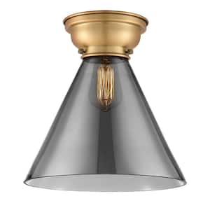 Aditi Cone 12 in. 1-Light Brushed Brass Flush Mount with Plated Smoke Glass Shade