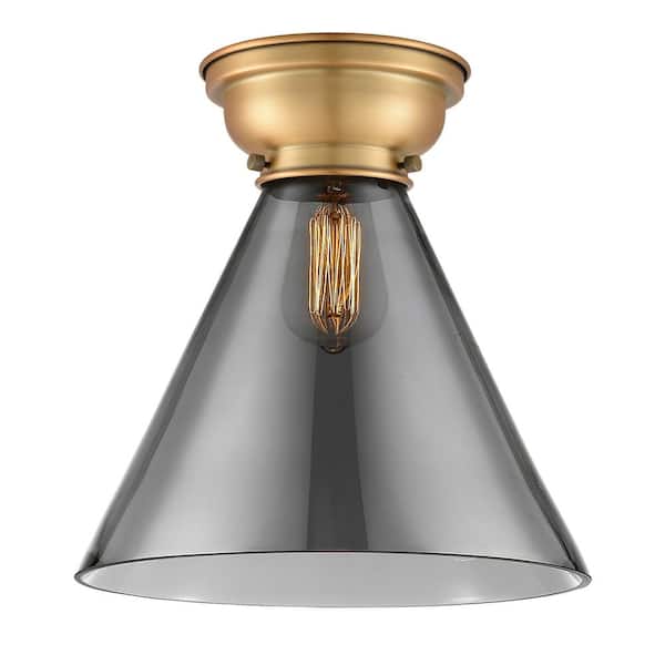 Innovations Aditi Cone 12 in. 1-Light Brushed Brass Flush Mount with Plated Smoke Glass Shade