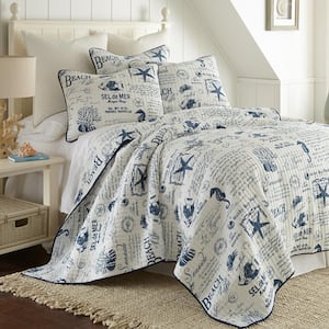 Beach Life 3-Piece Cream and Blue Cotton King/Cal King Quilt Set