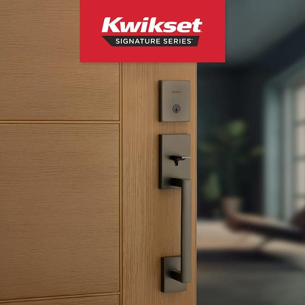 San Clemente Gunmetal Keyed Entry Door Handleset with Square Pismo Interior Knob featuring SmartKey Security