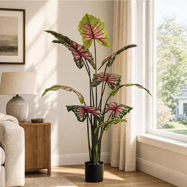 Faux 5.4 ft. Artificial Caladium Plant in Pot Realistic Leaves for Indoor and Outdoor Decor No Maintenance