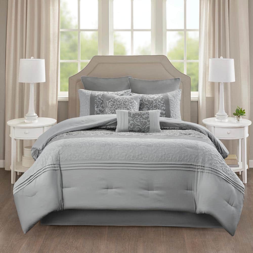 Gray Queen Microfiber 8-Piece Embroidered Comforter Set