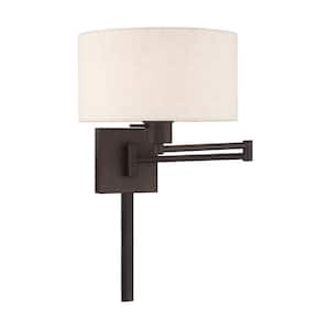 Atwood 1-Light Bronze Plug-In/Hardwired Swing Arm Wall Lamp with Oatmeal Fabrick Shade