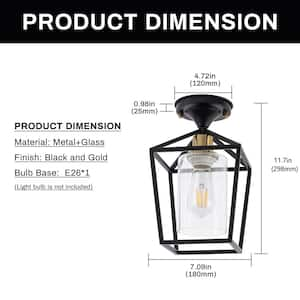 7 in. 1-Light Black Gold Semi Flush Mount Ceiling Light,Farmhouse Retro Cage Kitchen Lighting Fixtures with Glass Shade