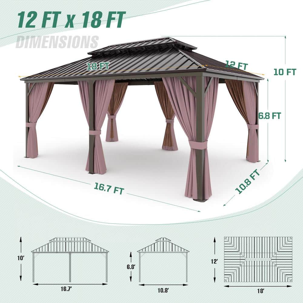 Extra Large Brown Metal Patio Gazebo with Dual Track Curtains