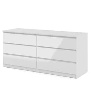 Scottsdale 6-Drawer White High Gloss Double Dresser 27.60 in. H x 60.55 in. W x 19.69 in. D
