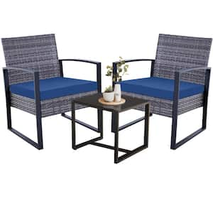 3-PC Grey Wicker Patio Conversation Set with Table and Blue Cushions