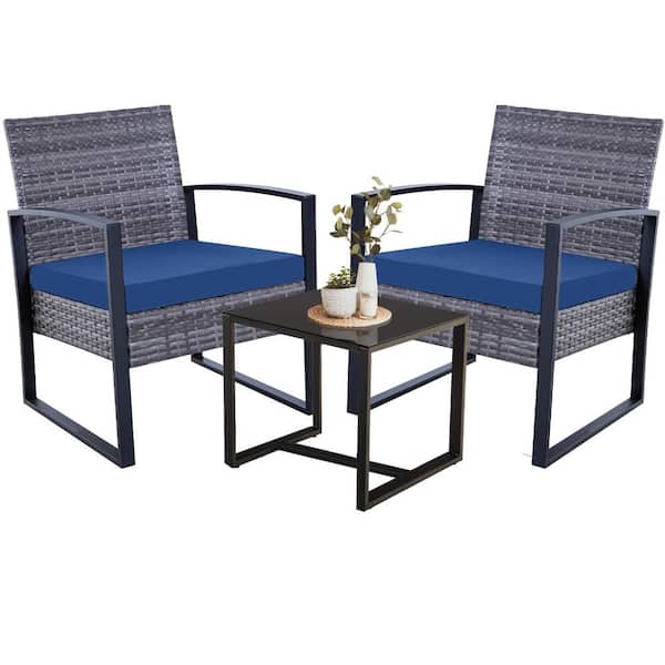 MIRAFIT 3-PC Grey Wicker Patio Conversation Set with Table and Blue Cushions