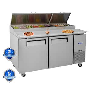 67 in. Silver Commercial Pizza Prep Table w/20.3 cu. ft. Built-in Refrigerator, Cutting Board, Protection Lid, Casters