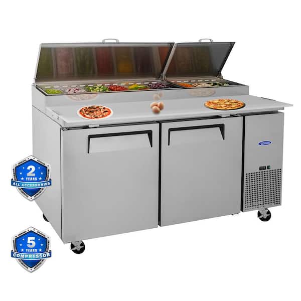 67 in. Silver Commercial Pizza Prep Table w/ 20.3 cu. ft. Built-in Refrigerator, Cutting Board, Protection Lid, Casters