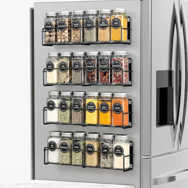 4 Pack Black Magnetic Refrigerator Mount Spice Rack Organizer with 24 Glass Jars and Pre-Printed Labels